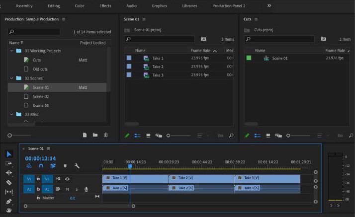 “Scene 01”项目中的剪辑存在于“Cuts”项目的序列中，没有重复项