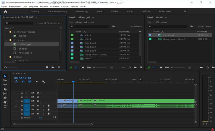 Clips im Projekt für die Szene 01 sind ohne Duplikate in der Sequenz des Schnittprojekts vorhanden.