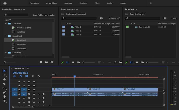 Les éléments du projet « Scene 01 » (Scène 01) existent dans la séquence du projet « Cuts » (Montages) sans doublons