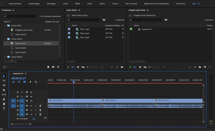 Le clip nel progetto Scena 01 esistono nella sequenza nel progetto Tagli senza duplicati
