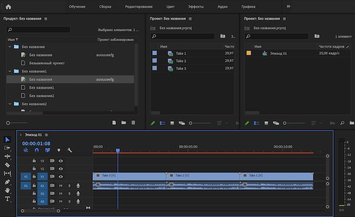 Клипы из проекта Scene 01 хранятся в эпизоде проекта Cuts без дубликатов