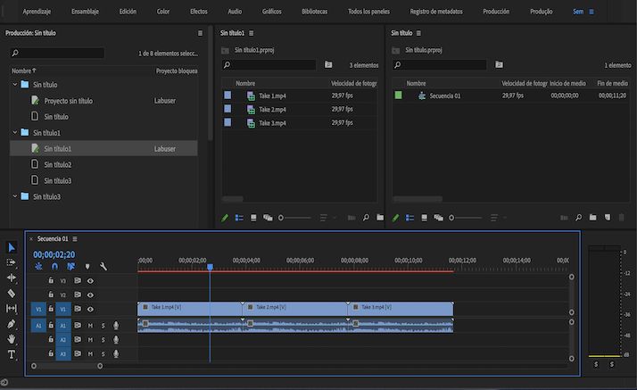Los clips del proyecto Escena 01 existen en la secuencia del proyecto Cortes sin duplicados