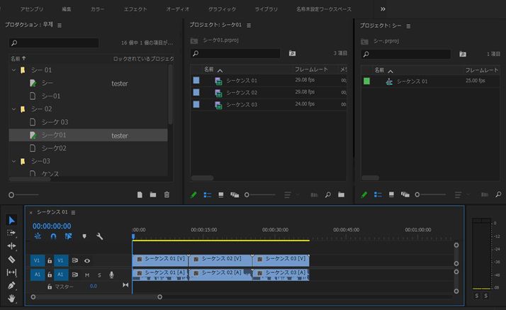 Scene 01 プロジェクト内のクリップは、重複のないカットプロジェクトのシーケンス内に存在します。