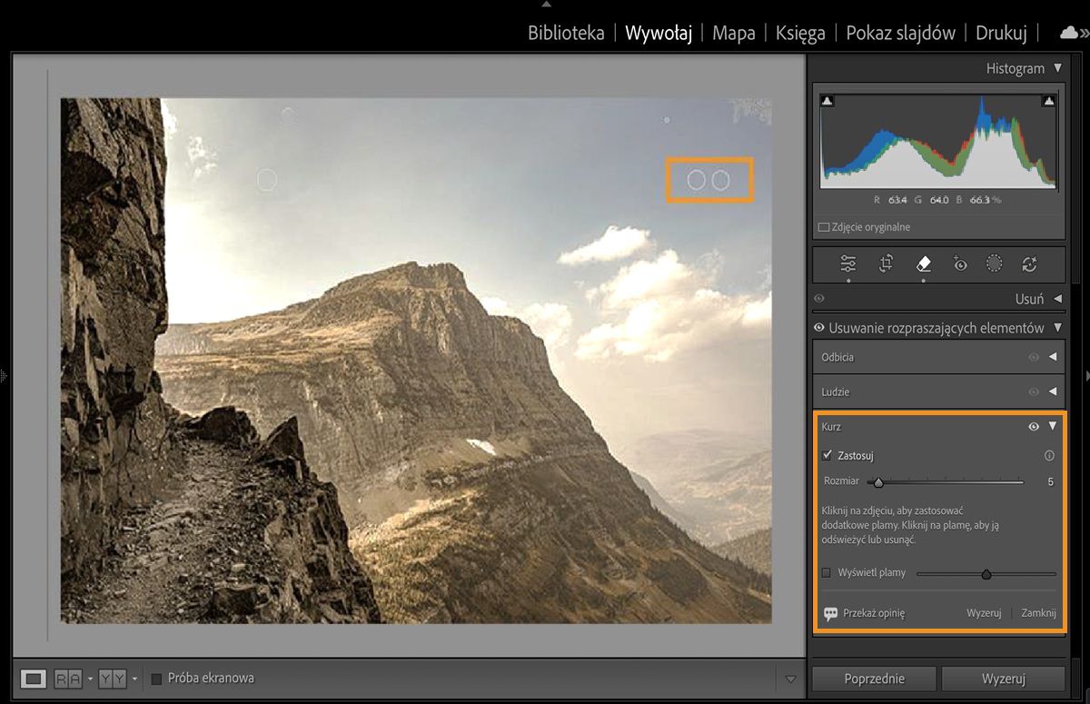 Zdjęcie góry z zaznaczonymi plamami kurzu spowodowanymi przez matrycę aparatu jest otwarte w Lightroom Classic z otwartym panelem Usuwanie rozpraszających elementów.Funkcja Kurz usuwa te plamy kurzu z matrycy.