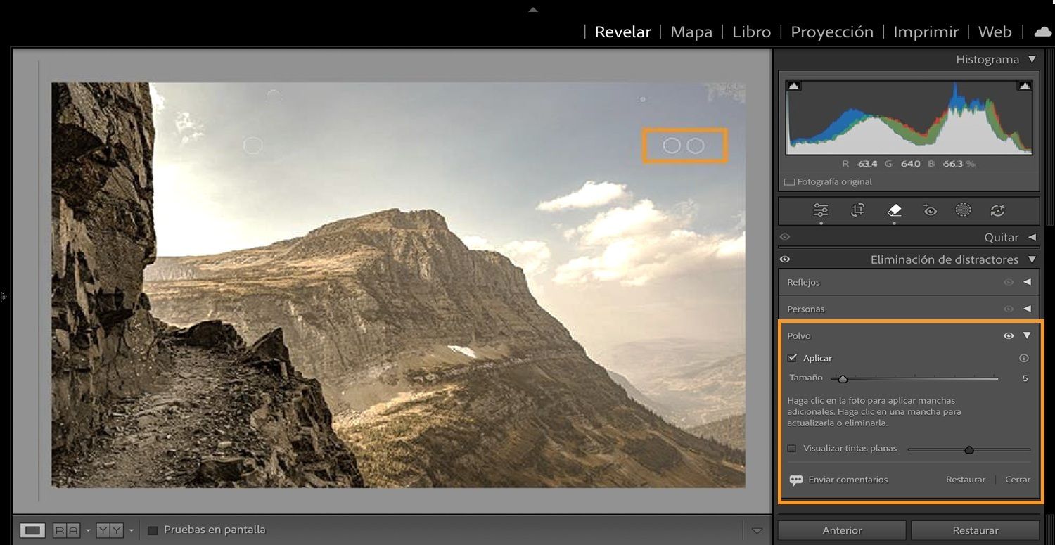 Se abre una imagen de una montaña con manchas de polvo resaltadas debido al sensor de la cámara en lightroom classic con el panel de Eliminación de distractores abierto.La función Polvo elimina estas manchas de polvo del sensor.
