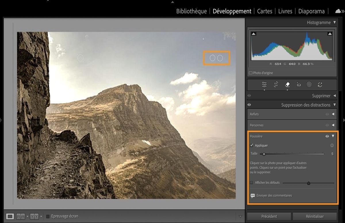 Une image d’une montagne avec des taches de poussière mises en évidence sur le capteur de l’appareil photo est ouverte dans Lightroom Classic avec le panneau de Suppression des distractions ouvert. La fonctionnalité Poussière supprime ces taches du capteur. 