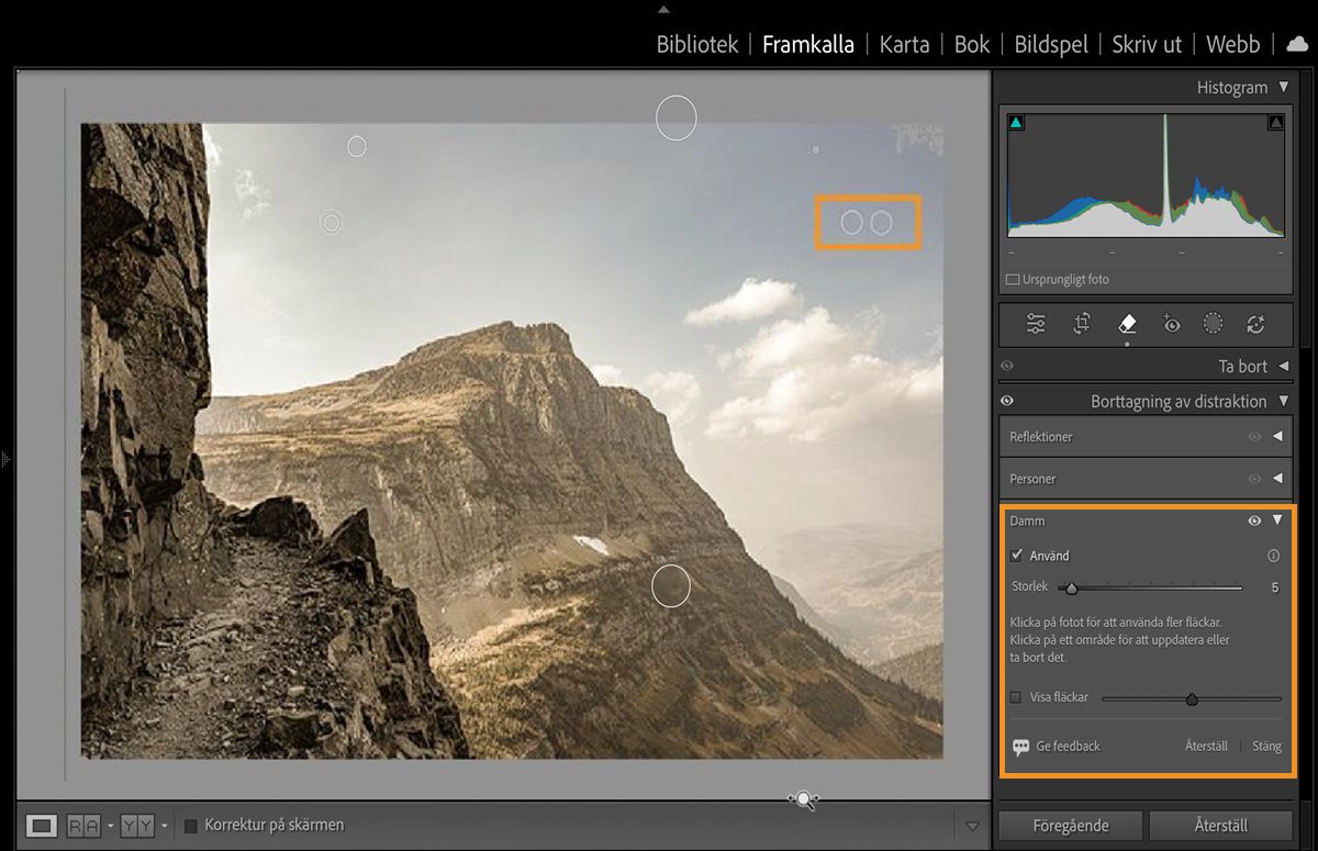 En bild av ett berg med markerade dammfläckar på grund av kamerasensorn är öppnad i Lightroom Classic med panel för Borttagning av distraktion öppen.Dammfunktionen tar bort dessa sensordammfläckar.