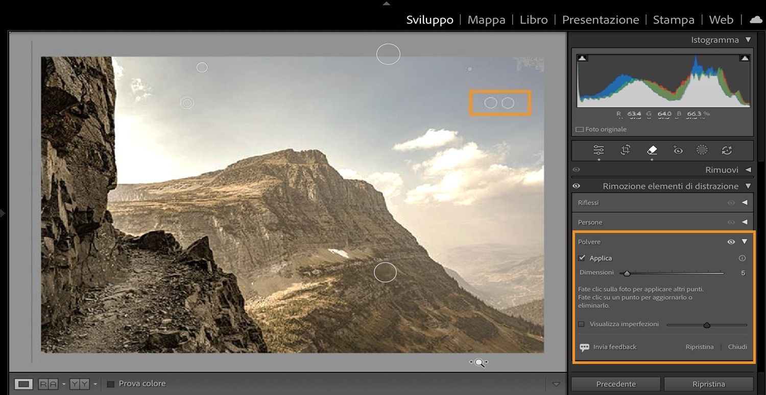 Un'immagine di una montagna con punti di polvere evidenziati dovuti al sensore della fotocamera è aperta in Lightroom Classic con il pannello Rimozione elementi di distrazione aperto.La funzione Polvere rimuove questi punti di polvere del sensore.