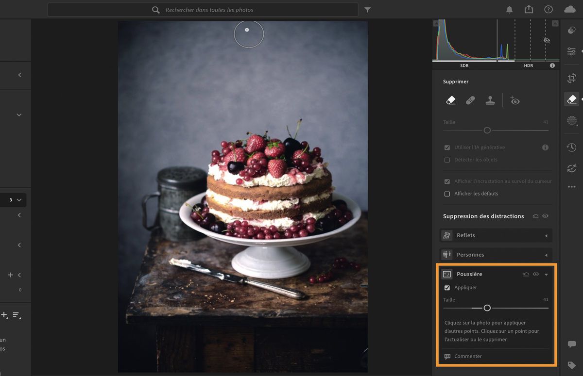 Image d’un gâteau avec un couteau ouverte dans le panneau Supprimer de Lightroom. La fonctionnalité Poussière est appliquée pour supprimer les taches de poussière du capteur.