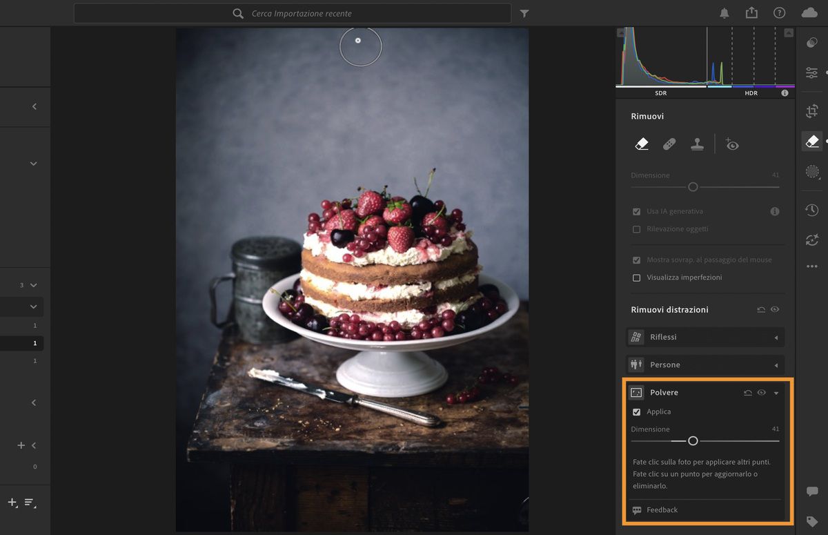 Immagine di una torta con coltello aperta nel pannello Rimuovi di Lightroom.La funzione Polvere viene applicata per rimuovere le macchie di polvere del sensore.