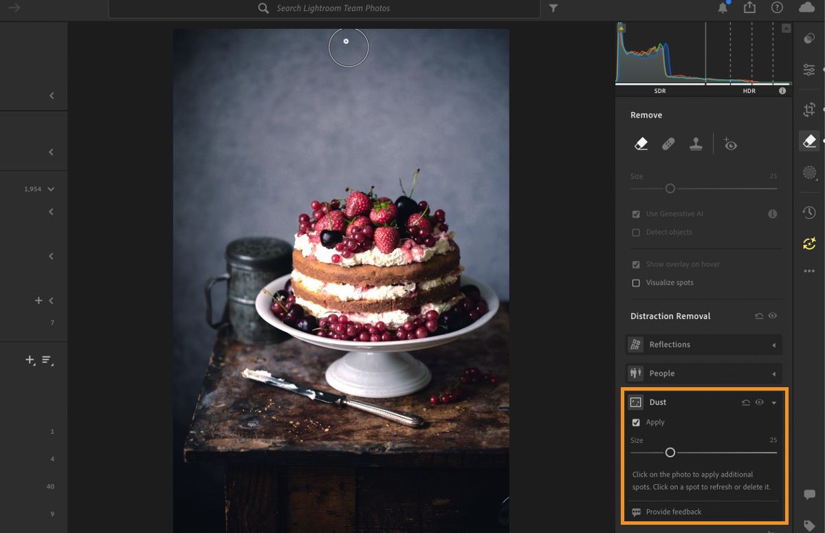 Image of a cake with knife opened in Lightroom's Remove panel. The Dust feature is applied to remove the sensor dust spots.
