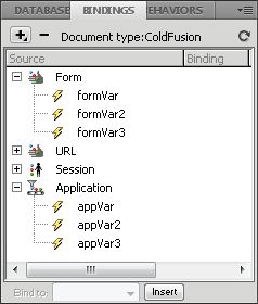 لوحة Bindings مع توسيع Application