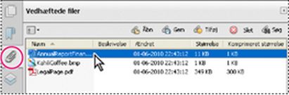 Panelet Vedhæftede filer i Acrobat
