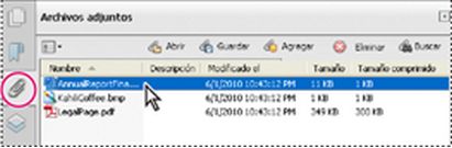Panel Archivos adjuntos en Acrobat