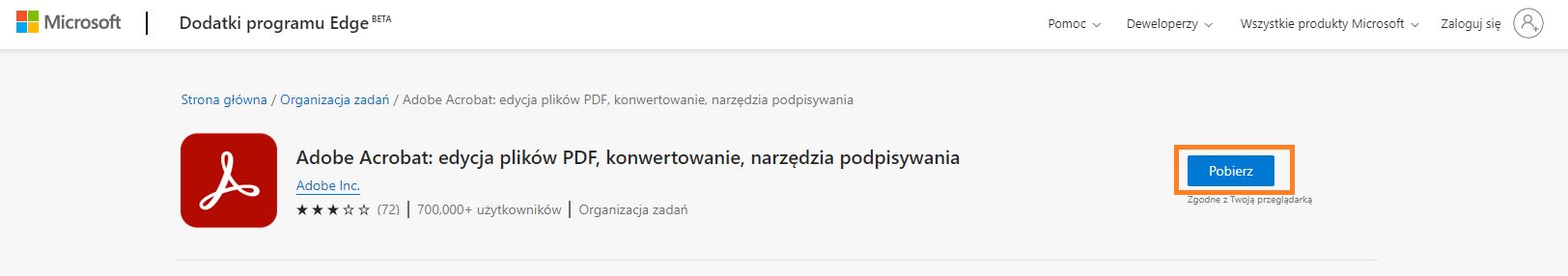 Rozszerzenie Acrobat do przeglądarki Edge