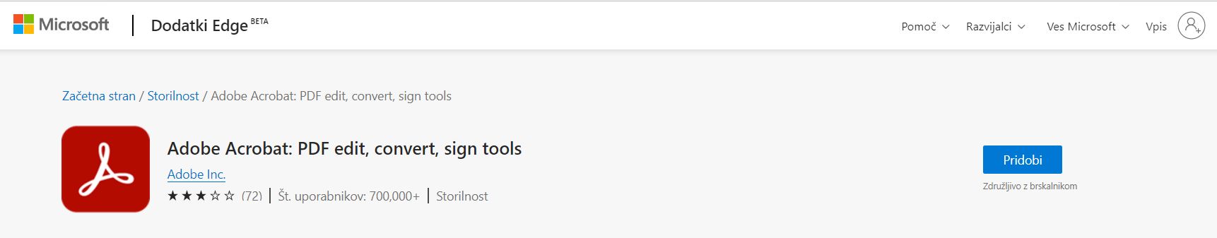 Razširitev programa Acrobat za brskalnik Edge