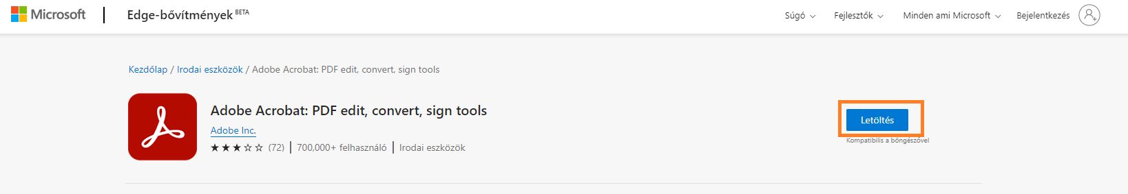 Acrobat bővítmény az Edge böngészőhöz