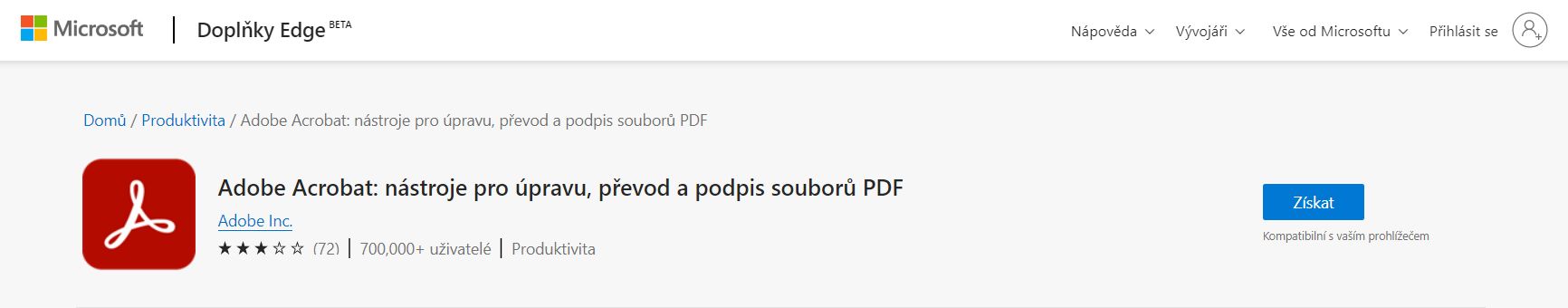 Rozšíření Acrobat pro prohlížeč Edge