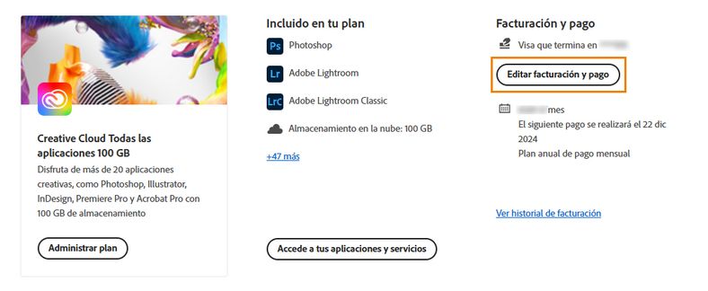Editar facturación y pago