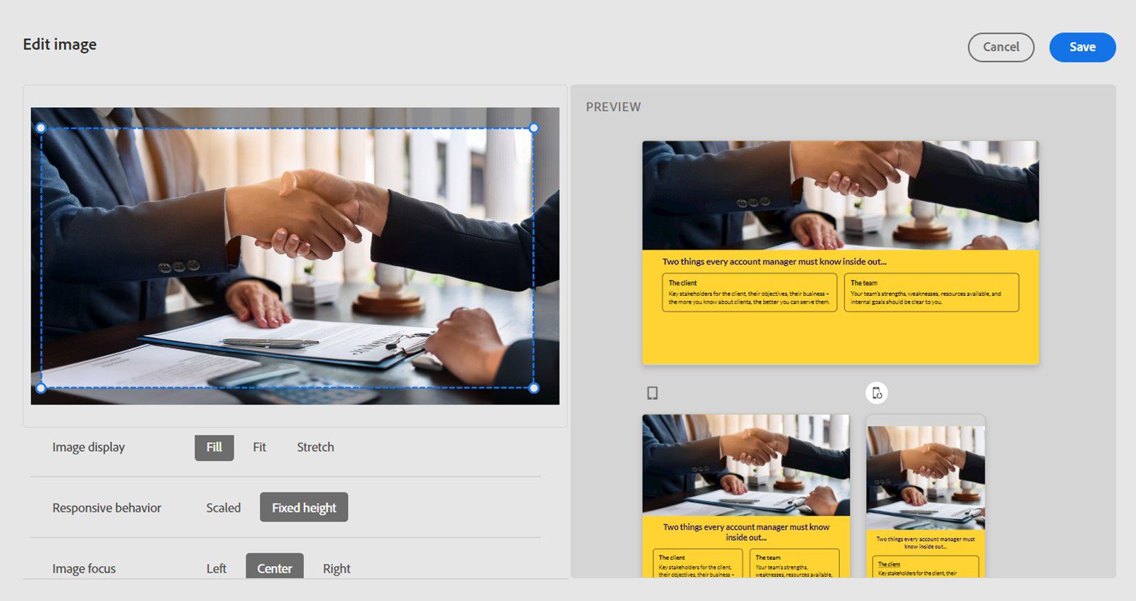 This image shows the edit image panel where you can adjust the image display, responsive behavior, and image focus