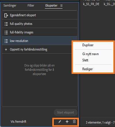 Lær hvordan du velger ønskede innstillinger i forhåndsinnstillingen for eksport.