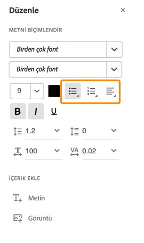 PDF'ye liste ekleme veya listeleri düzenleme