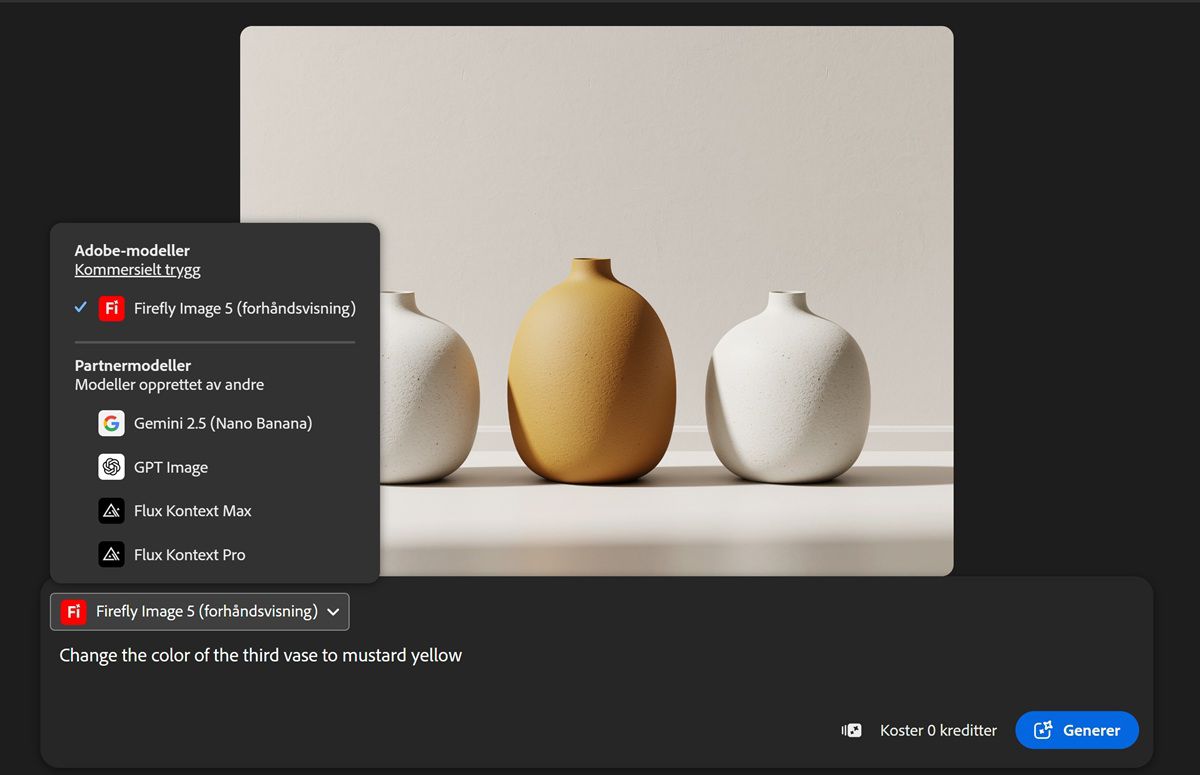 Den utvidede Modeller-rullegardinmenyen viser partnerbildemodeller og Firefly-modeller å velge mellom.