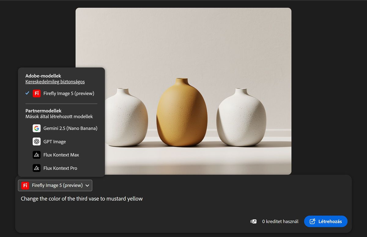A megnyitott Modellek legördülő menü a partneri képmodelleket és a Fireflyt is felsorolja a választható lehetőségek között.