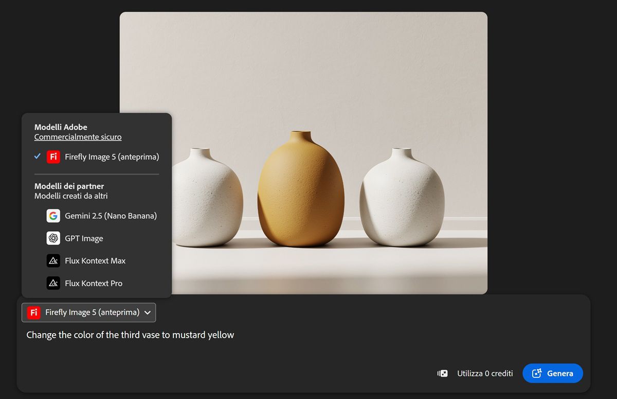 Il menu a discesa espanso Modelli elenca i modelli di immagine partner oltre a Firefly tra cui scegliere.