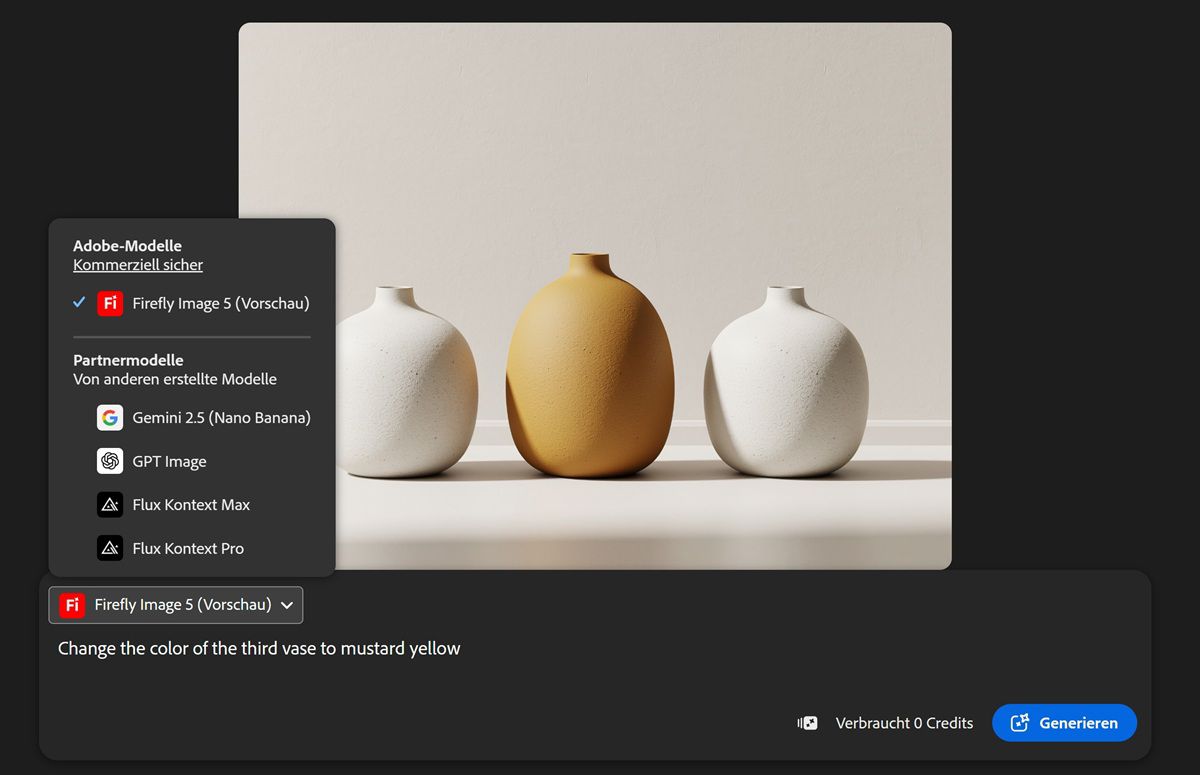 Das erweiterte Modell-Dropdown zeigt sowohl Partner-Bildmodelle als auch Firefly zur Auswahl an.
