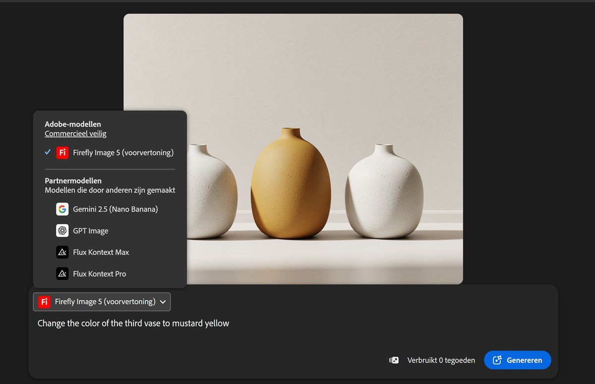 De uitgevouwen vervolgkeuzelijst Modellen toont zowel afbeeldingsmodellen van partners als van Firefly om uit te kiezen.