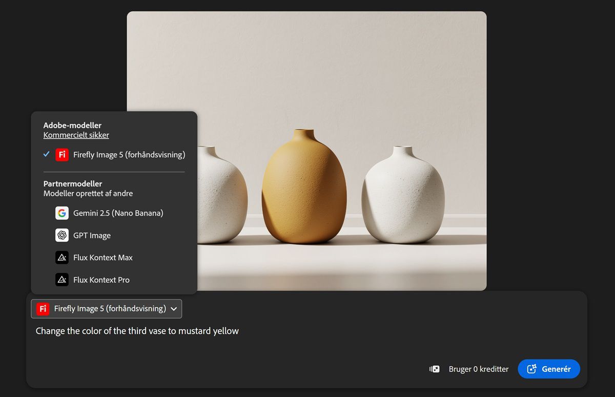 Den udvidede rullemenu Modeller viser billedmodeller fra partnere og Firefly at vælge imellem.