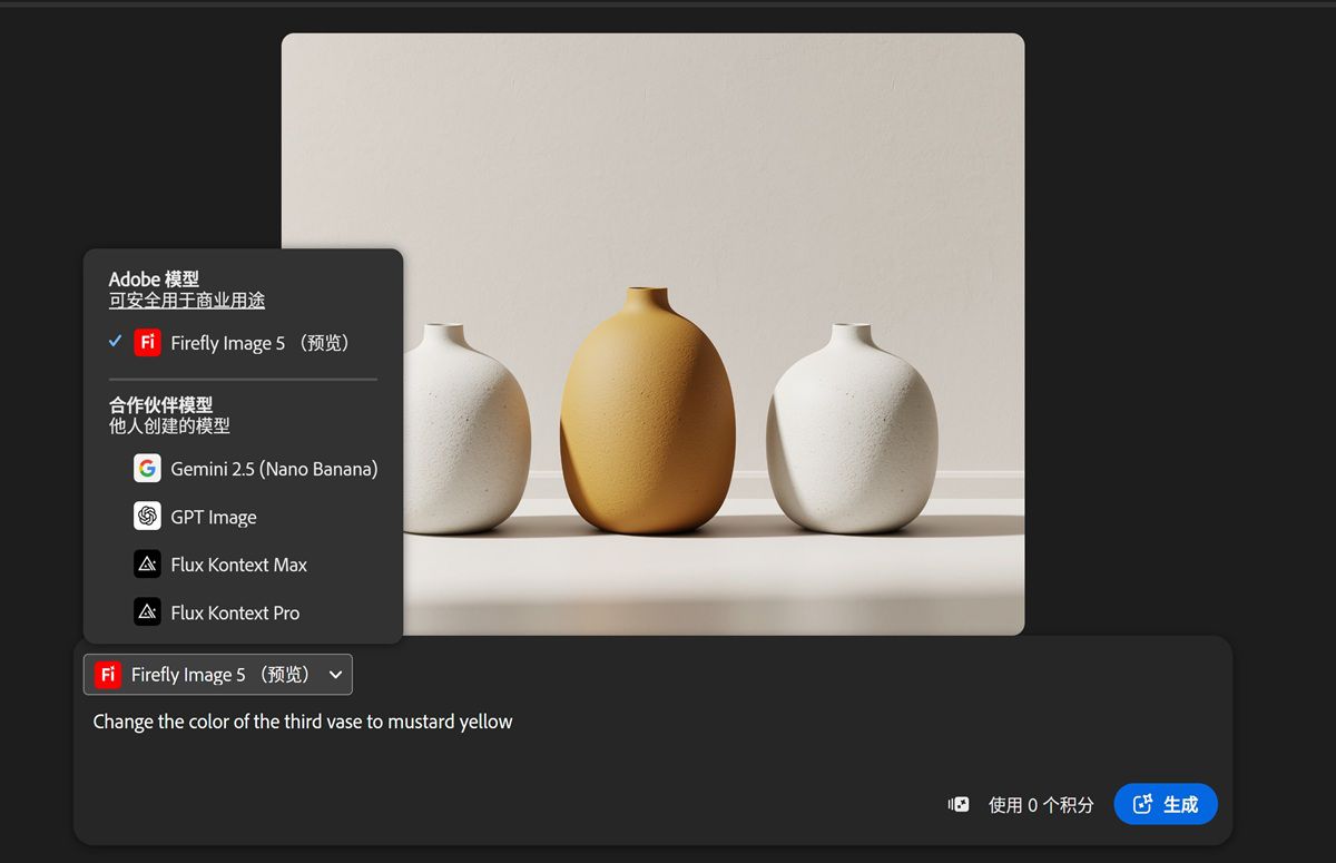 展开的模型下拉列表显示了合作伙伴图像模型以及可供选择的 Firefly。