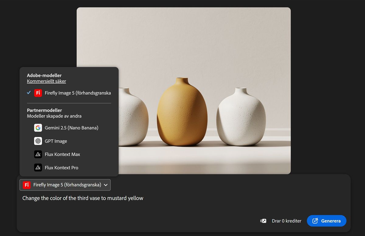 Den utökade listrutan Modeller visar partnerbildmodeller samt Firefly att välja mellan.