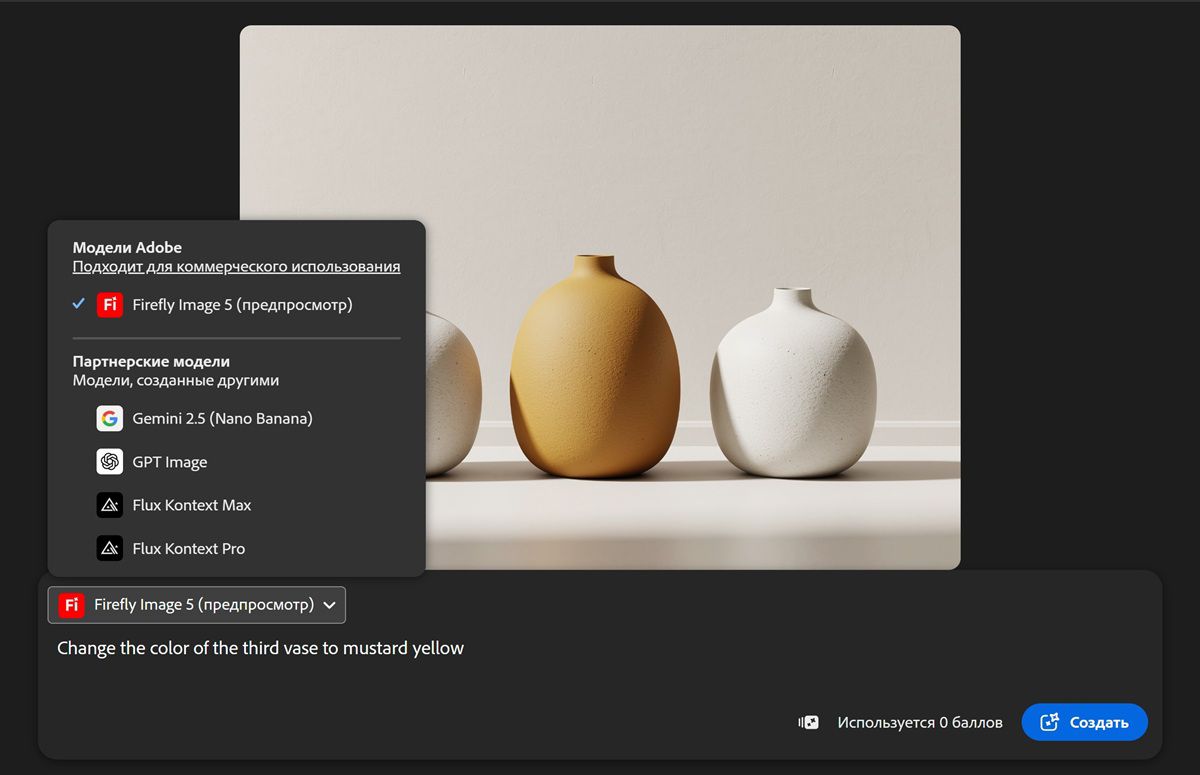 В раскрывающемся списке «Модели» перечислены партнерские модели создания изображений, а также модели Firefly на выбор.