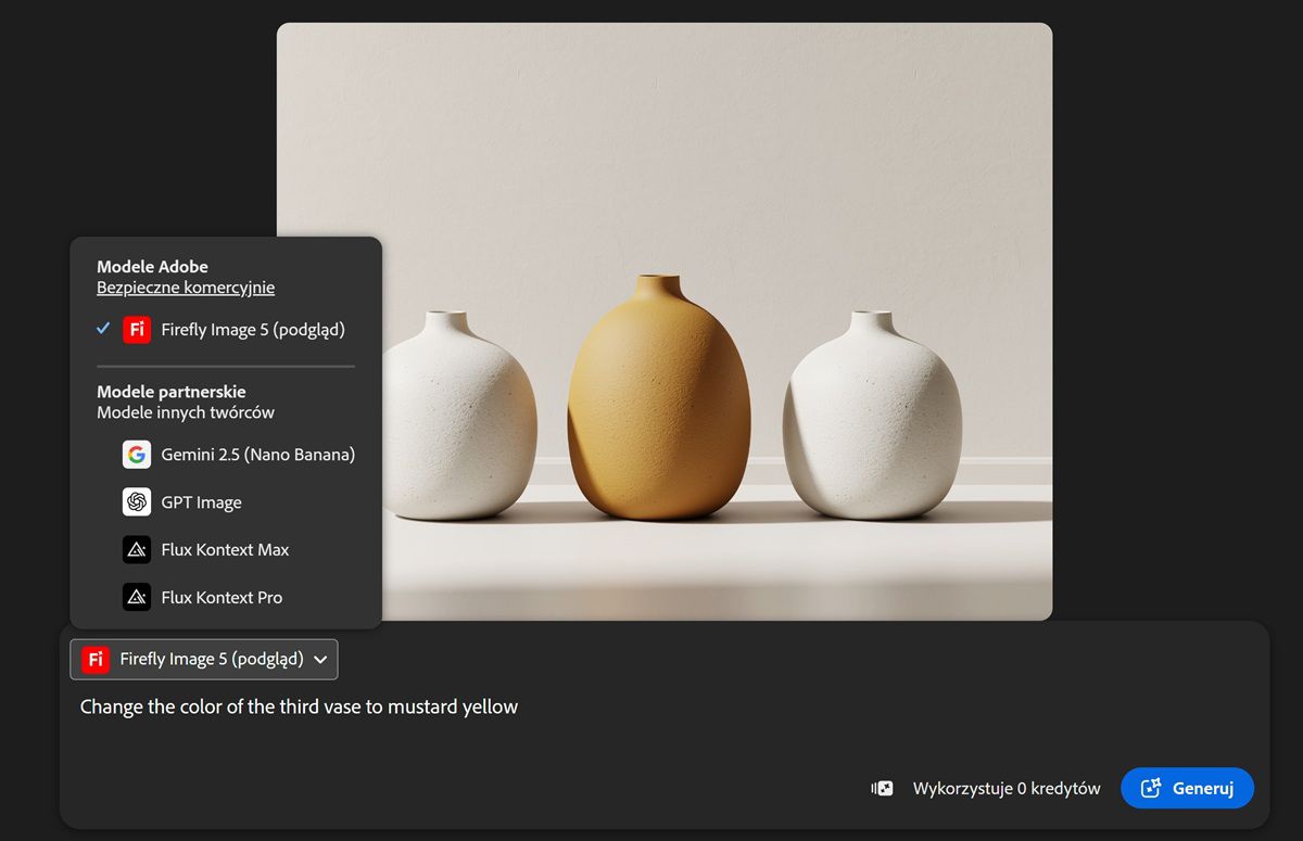 Rozszerzona lista rozwijana Modele zawiera modele obrazów partnerów oraz Firefly do wyboru.