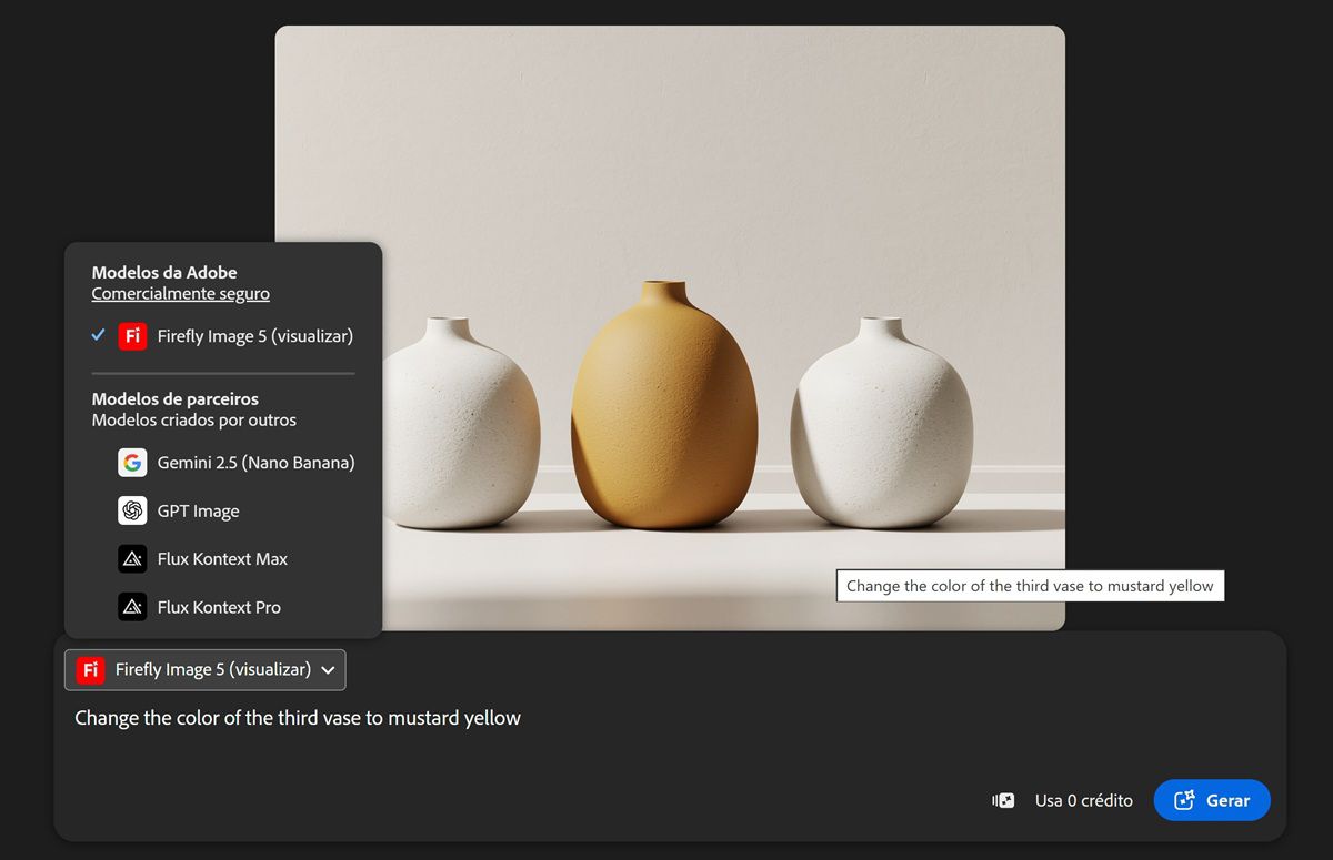 O menu suspenso expandido de Modelos lista modelos de imagem de parceiros, além do Firefly para seleção.