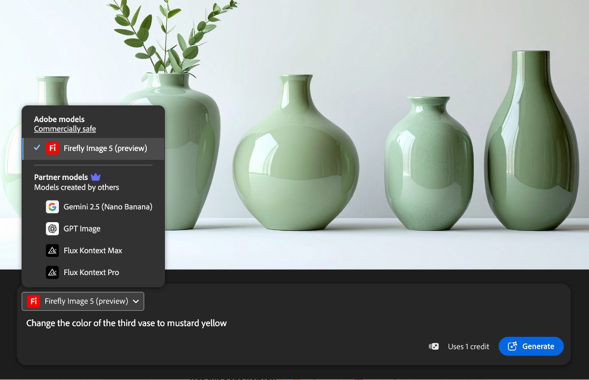 The expanded Models dropdown lists partner image models as well as Firefly to select from.