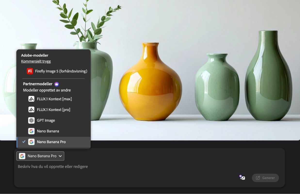 Den åpnede rullegardinmenyen for modeller viser partnerbildemodeller og Firefly-modeller.