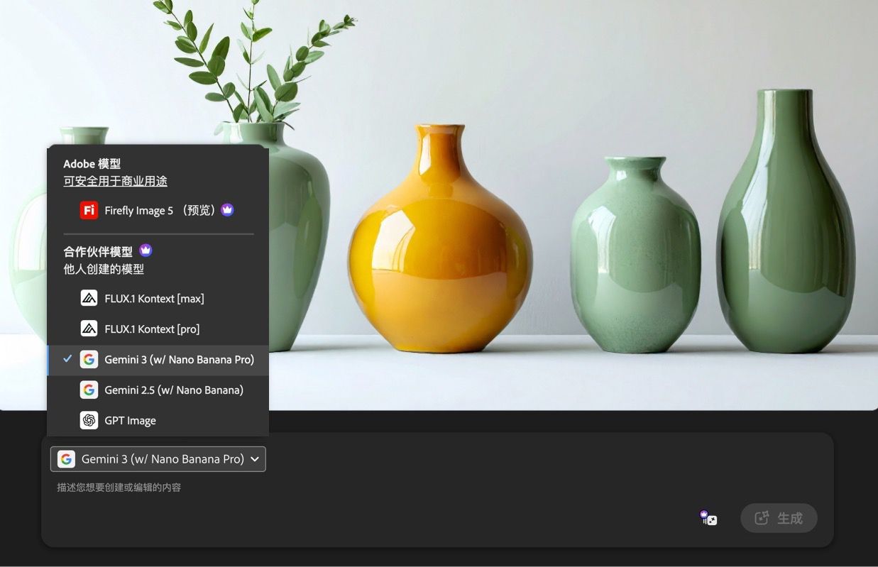 展开的模型下拉列表显示了合作伙伴图像模型以及可供选择的 Firefly。