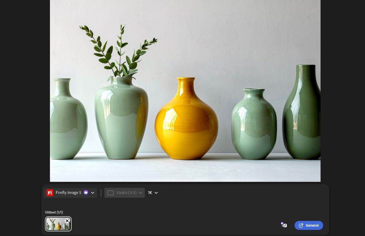 Muokkaustyötilassa näkyy palveluun ladattu kuva, kehoteruutu, mallin valitsemisvalikko ja Generoi-painike.