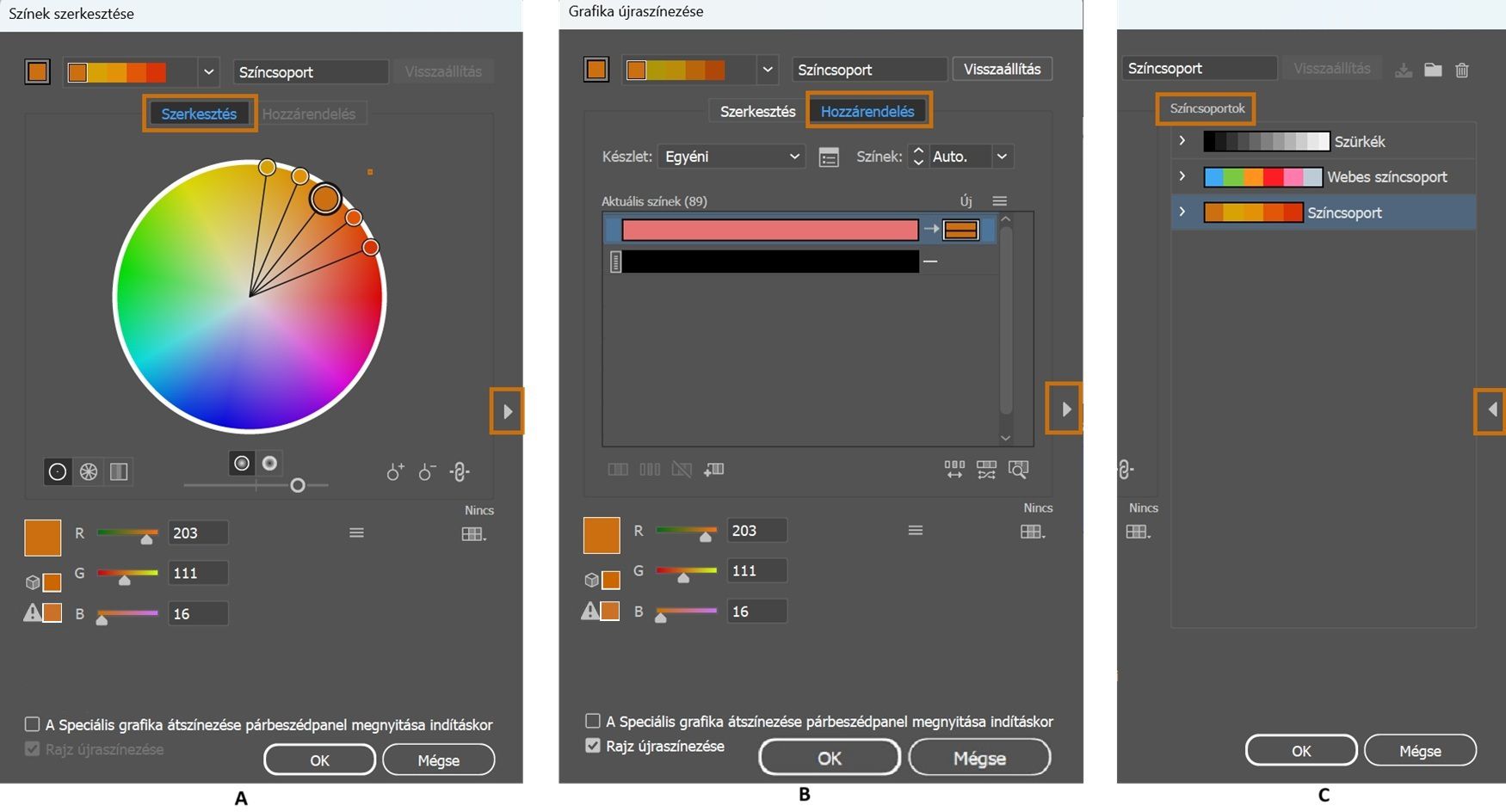 edit-assign-color group párbeszédpanelek