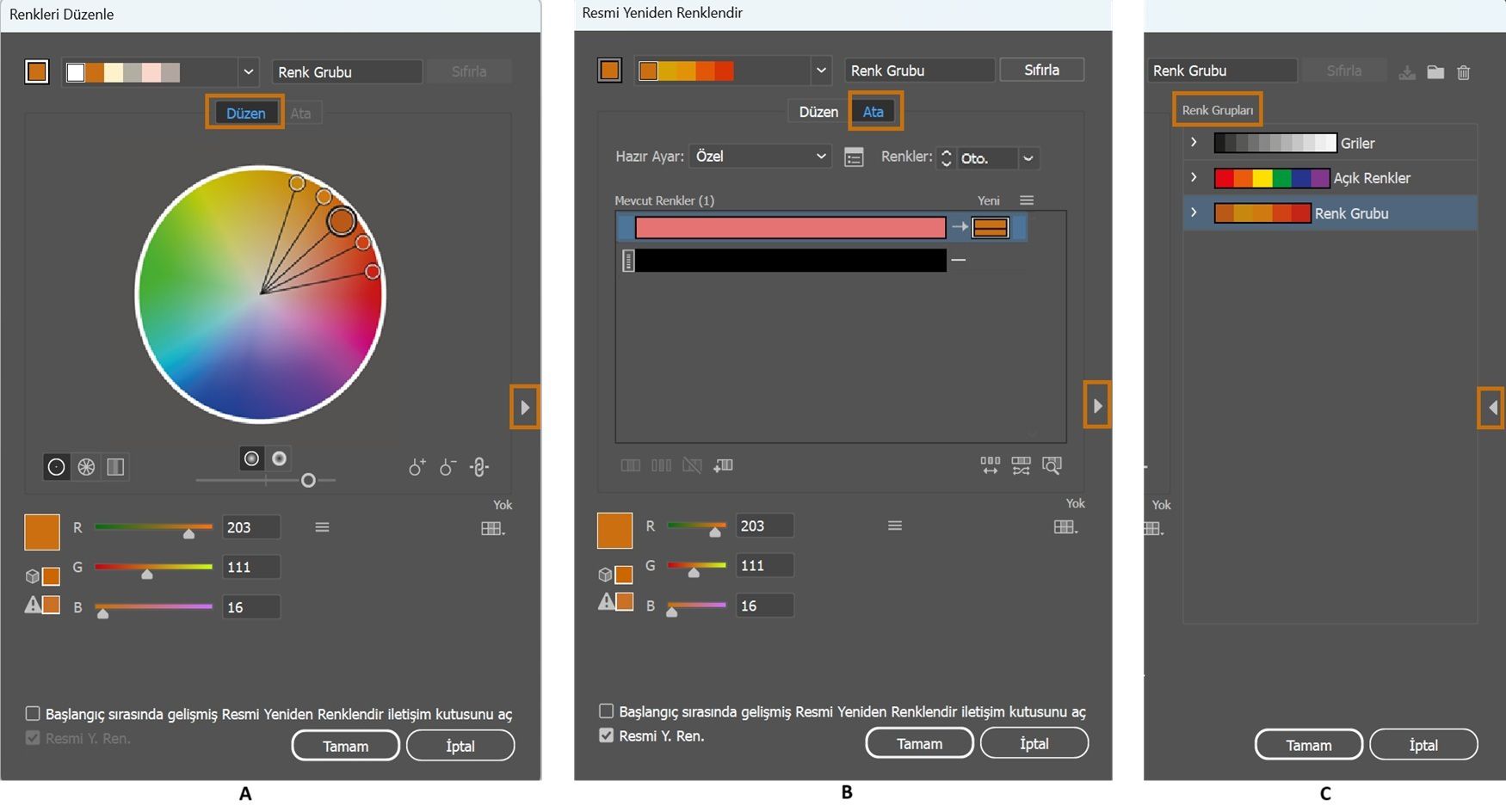 düzenle-ata-renk grubu iletişim kutuları