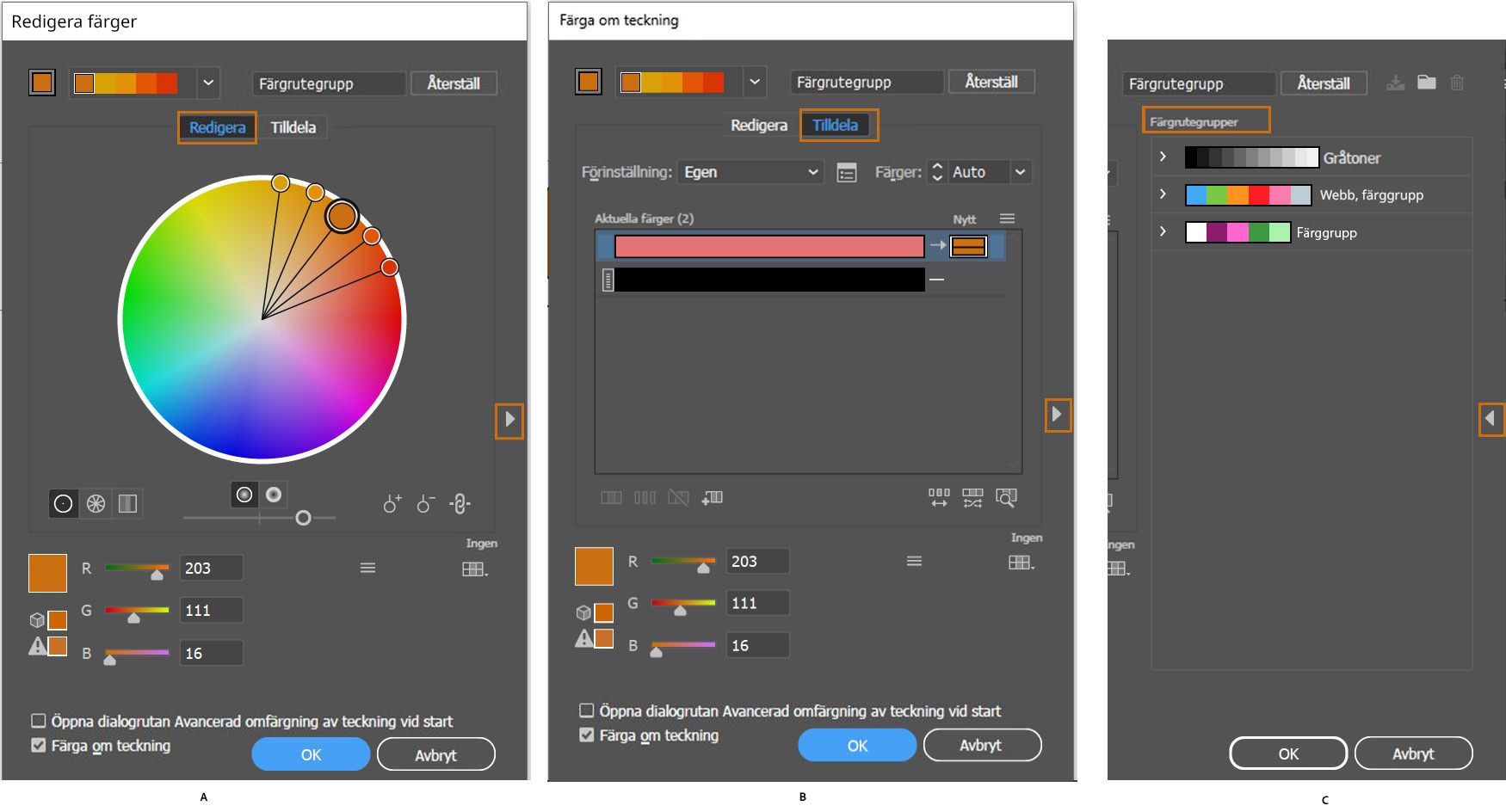 edit-assign-color group dialog boxes