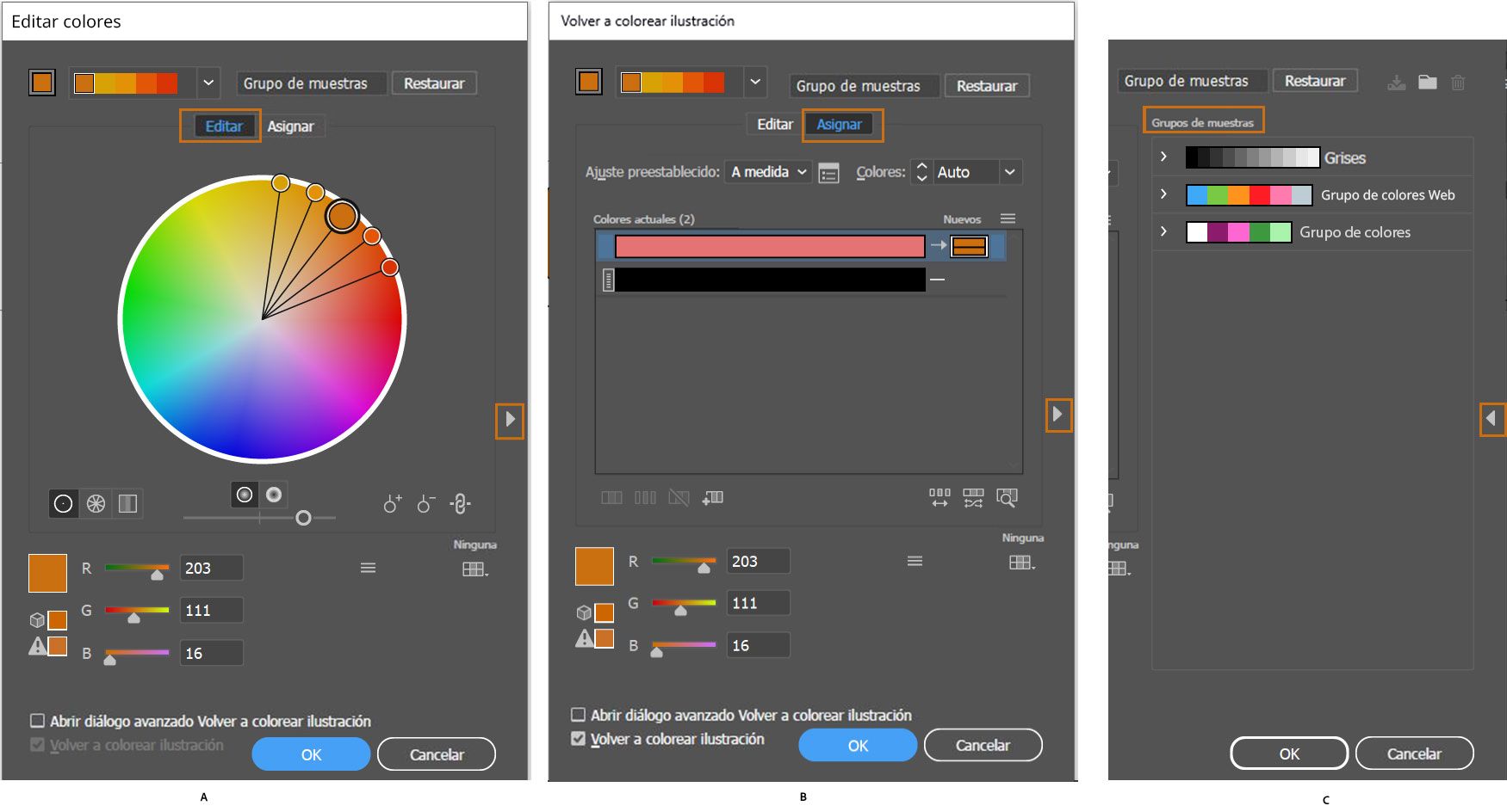 edit-assign-color group dialog boxes