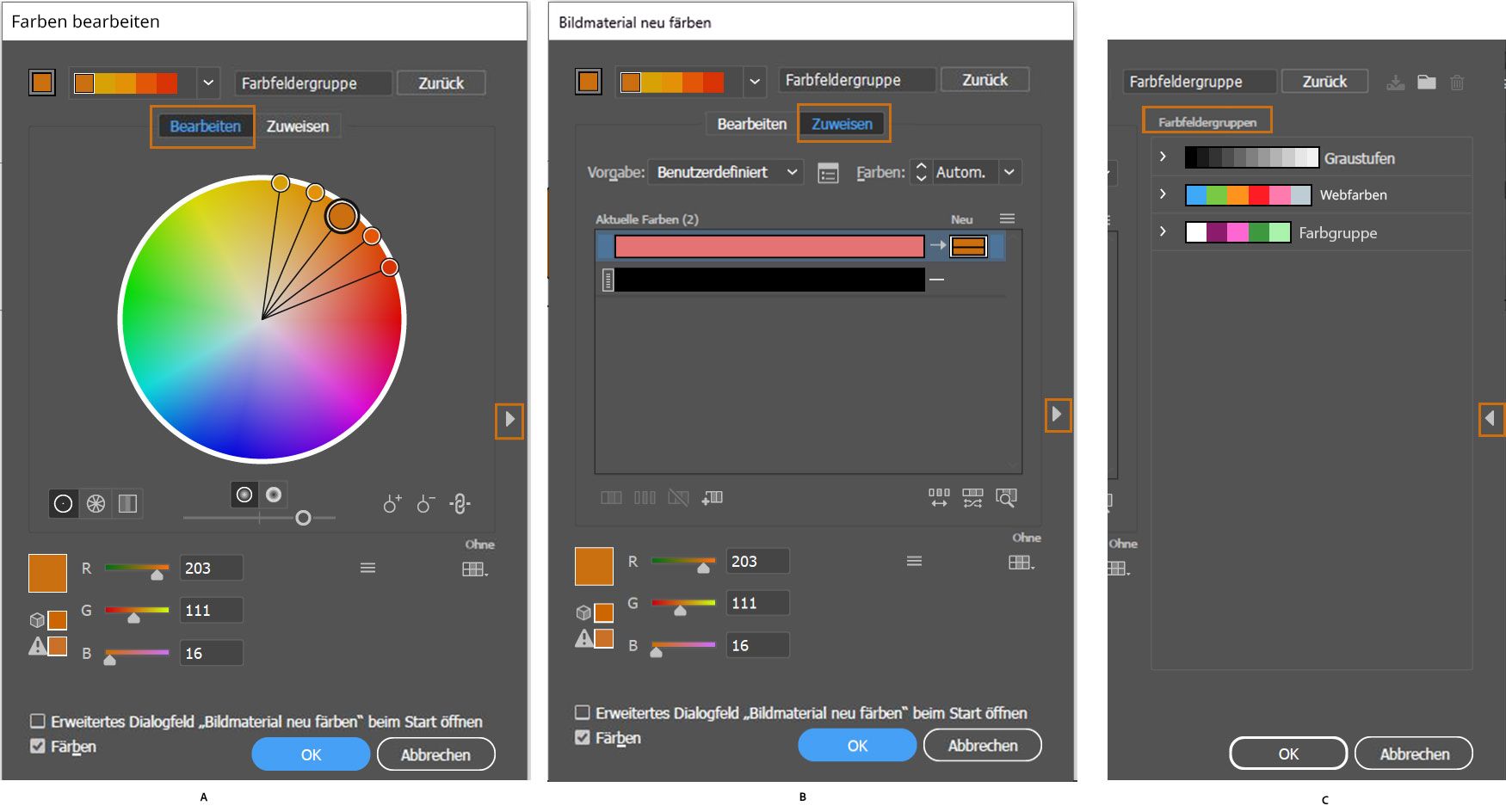 edit-assign-color group dialog boxes
