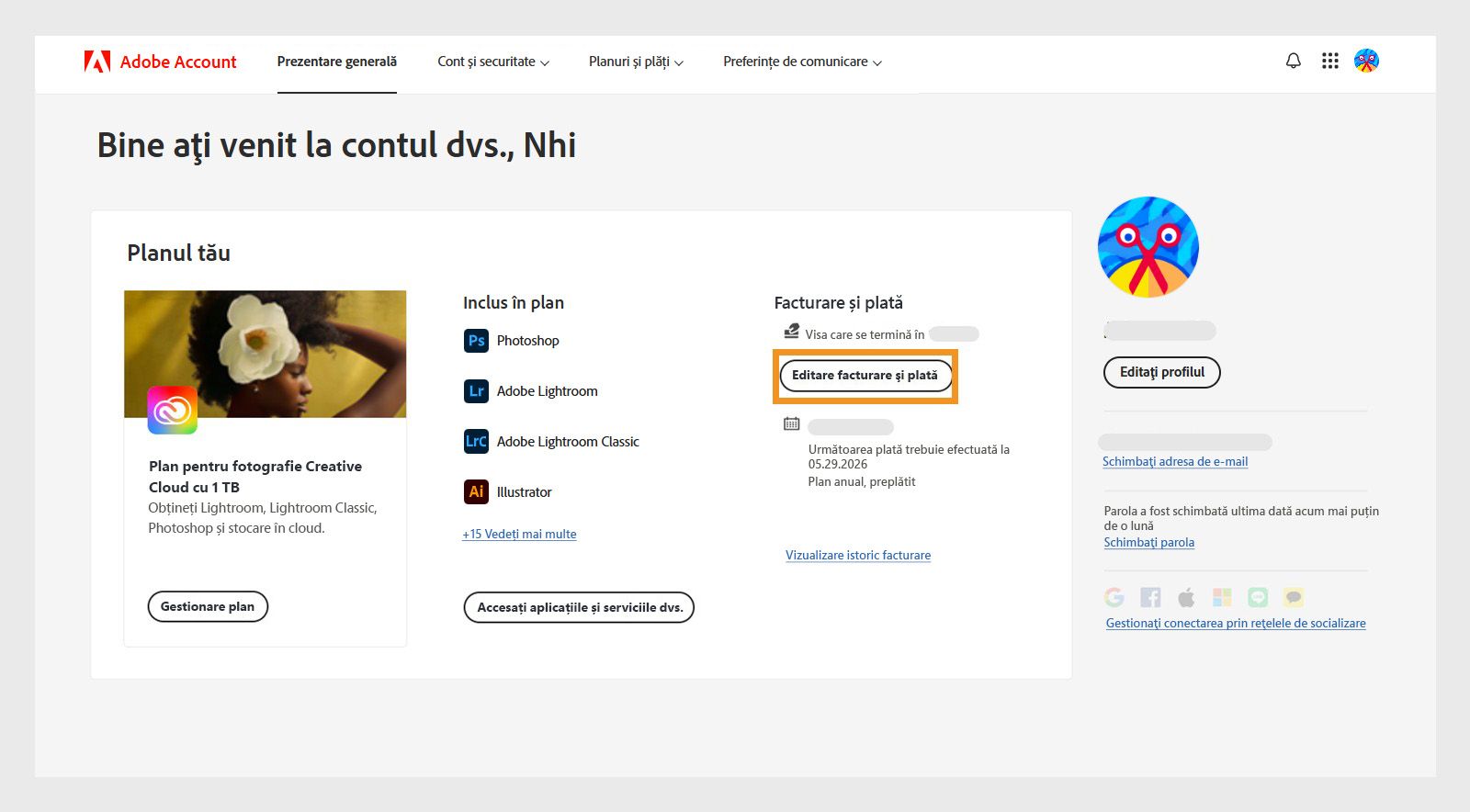 Butonul Editare facturare și plată din Facturare și plată din secțiunea Planul dvs. oferă o opțiune de adăugare sau de editare a detaliilor de plată. 