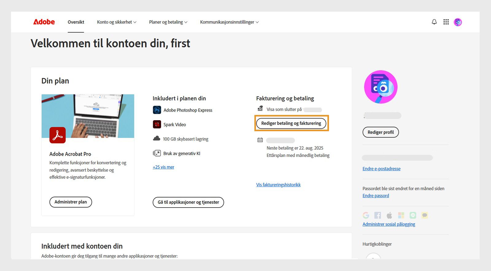 Knappen Rediger fakturering og betaling under Fakturering og betaling i delen Din plan gir et alternativ for å legge til eller redigere betalingsdetaljer. 
