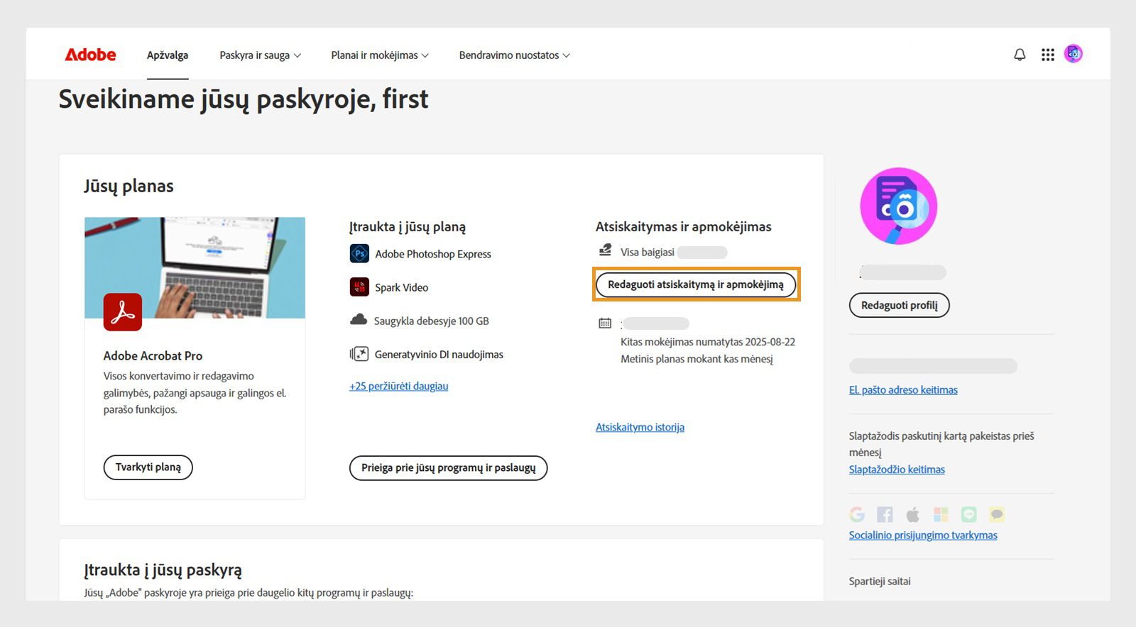 Redaguoti atsiskaitymo ir apmokėjimo informaciją