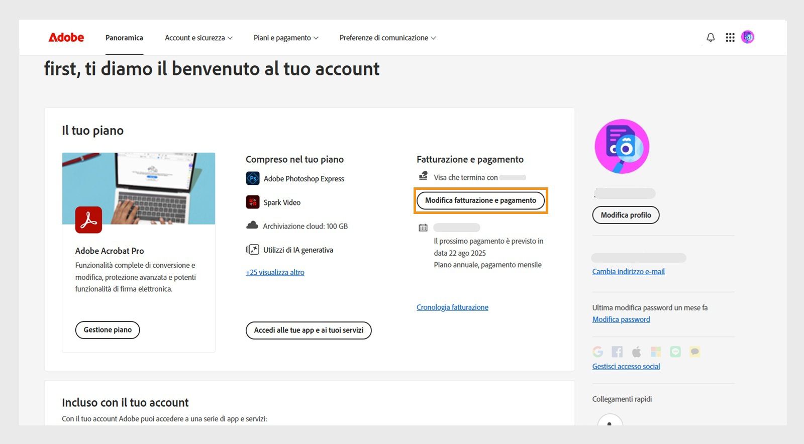 Il pulsante Modifica fatturazione e pagamento in Fatturazione e pagamento nella sezione Il tuo piano offre un'opzione per aggiungere o modificare i dettagli di pagamento. 